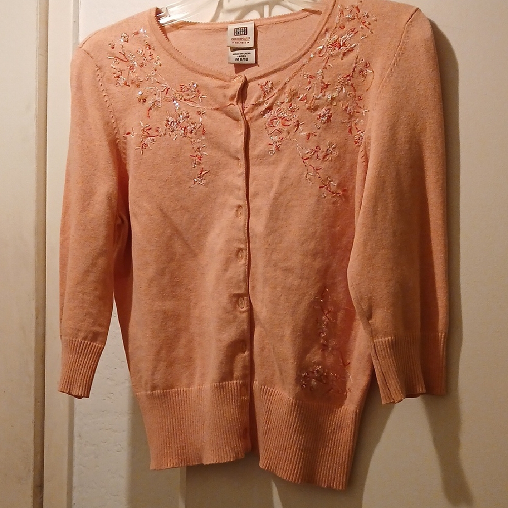 Peach Cardigan Sweater with Floral Embroidery and Long Sleeves